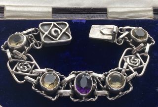 Antique Victorian Silver Bracelet Set With Faceted Amethysts & Citrine 7 & 1/2”