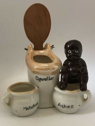 Black Americana Baby On Chamber Pot Toilet Ashtray With Cigarette & Match Holder