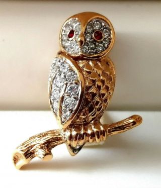 Vintage Attwood & Sawyer Gold Plated Swarovski Crystal Owl Brooch