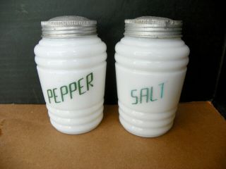 Vintage White Milk Glass Salt & Pepper Shakers Ribbed Bee Hive Green Letters