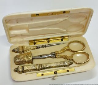 5 Piece Antique 18k Gold Over Silver Vermeil Sewing Kit