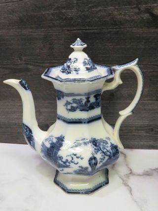 Antique W Adams & Sons Jeddo Flow Blue Ironstone Coffee Tea Pot Asian Motiff