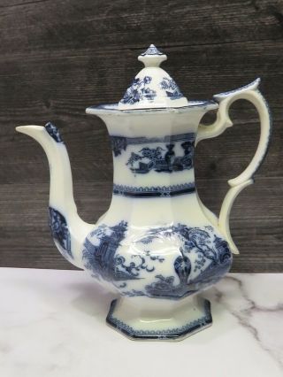 Antique W Adams & Sons Jeddo Flow Blue Ironstone Coffee Tea Pot Asian Motiff 2