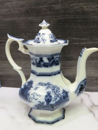 Antique W Adams & Sons Jeddo Flow Blue Ironstone Coffee Tea Pot Asian Motiff 3