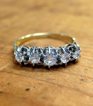 Lovely Antique 18k Yellow Gold And White Gold Prongs Five Diamond Ring Size 7.  5