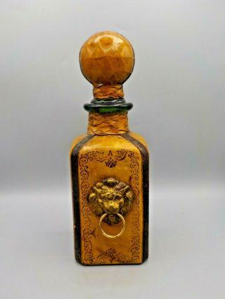 Vintage Italian Leather Wrapped Glass Bottle Bar Decanter Brass Lions Head Italy