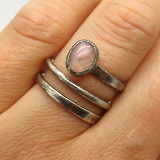 925 Sterling Silver Vintage Mexico Real Rose Quartz Overlap Ring Size 7