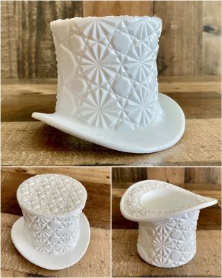 Vintage Fenton Top Hat Milk Glass Daisy Button Planter Candle Holder White Mcm