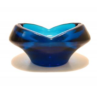 Small Vintage Pressed Art Glass Ashtray Mid Century Modern Cobalt Blue