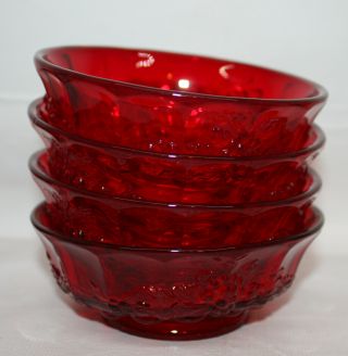 4 Vtg Berry Bowls Ruby Red Panel Grape Pattern Depression Glass Wright Glass