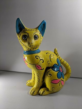 Vintage Japan Cat Piggy Bank Yellow With A Blue And Pink Flower Design