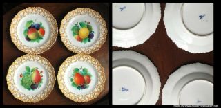 MEISSEN GERMANY Lovely Set of 4 Antique Meissen Gilded Plates Marks/Numbers EXC 3