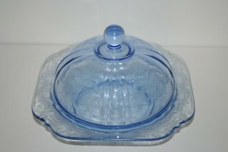 Vintage Federal Madrid Blue Depression Glass Butter Dish With Lid