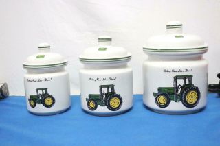 Vintage Gibson John Deere Tractor Canister Set " Nothing Runs Like A Deere "
