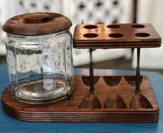 50’s Vintage Walnut 6 Pipe Stand With Glass Tobacco Jar Humidor Decatur Ind
