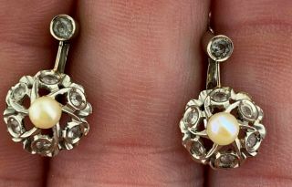 Antique French 18k White Gold Rose Cut Diamonds And Pearls Earrings Lever Backs
