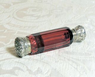 Antique Double Ended Vinaigrette & Scent Bottle,  Ruby Red Glass,  Sterling Silver