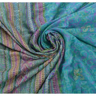Sanskriti Vintage Blue Sarees 100 Pure Silk Hand Beaded Craft Fabric Zari Sari