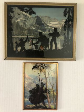 2 Vtg Silhouettes Pictures One Convex Bubble Glass Playing Horn Fishing Camping
