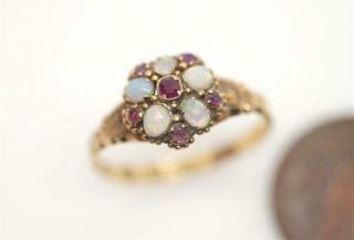 Pretty Antique Victorian English 18k Gold Opal & Ruby Pansy Cluster Ring C1869