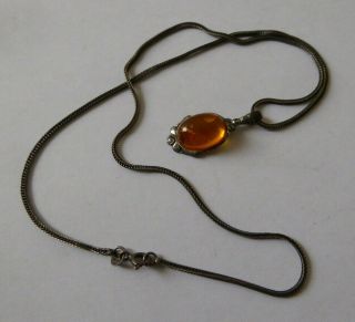 Vintage 925 Silver And Amber Set Pendant On 925 Silver Chain