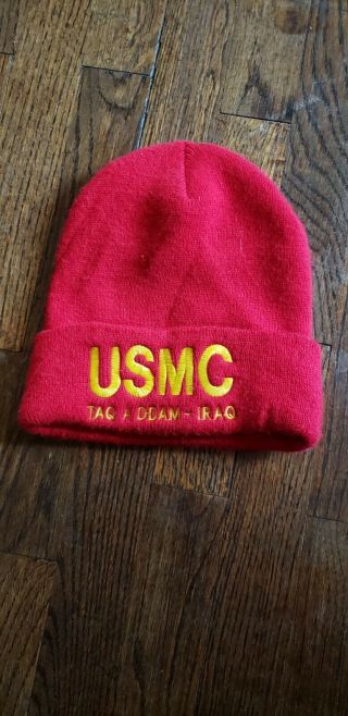 Vintage Usmc Beanie Hat Red Operation Desert Storm 1992 Taqaddam Knit Wool Blend