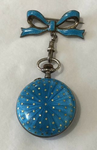 Antique Sterling Silver And Blue Guilloche Enamel Ladies Watch Brooch.