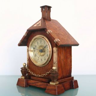Antique German Junghans Alarm Clock Mantel Fully Restored 1910s Cabin Shaped