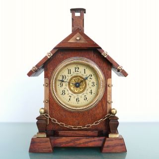 Antique German JUNGHANS Alarm Clock Mantel FULLY RESTORED 1910s Cabin Shaped 3