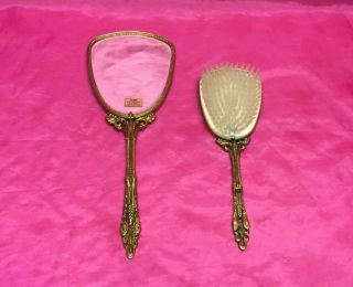 Vintage Globe 24 Kt Gold Plated Hand Mirror & Brush Set W /label