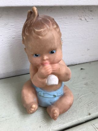 Vintage 50s - 60s Baby In Blue Diaper Rubber Squeaky Toy With Blue Eyes & Bottle