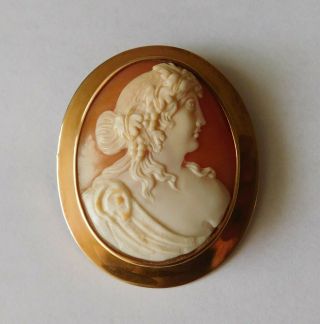 Antique 14k Yellow Gold Shell Cameo Brooch Pendant Large