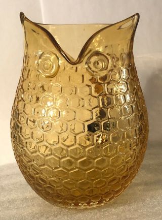 Vintage Hand Blown Amber Glass Owl Pitcher Honeycomb Pattern Figural Art Glass