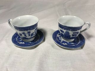 Antique Vintage Set Of Two Miniature Blue Willow Tea Cups And Saucers Marked