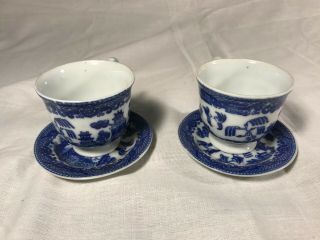 Antique Vintage Set of Two Miniature Blue Willow Tea Cups and Saucers Marked 2