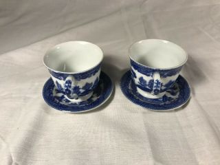 Antique Vintage Set of Two Miniature Blue Willow Tea Cups and Saucers Marked 3