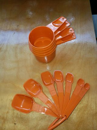 Vintage Tupperware Orange Measuring Set 4 Cups,  7 Spoons & 1 Ring