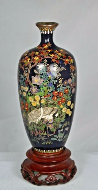Very Fine Silver Wire Antique Japanese Meiji Cloisonne Vase Maple & Cranes