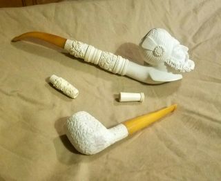Vintage Carved Meerschaum Tobacco Smoking Pipes With Chillum