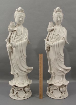 2 Large Antique Chinese Blanc De Chine White Porcelain Guanyin Lotus Figurines