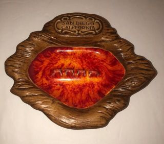 Vintage Ashtray Treasure Craft Usa San Diego Souvenir Wood Tiki Lava Red Orange