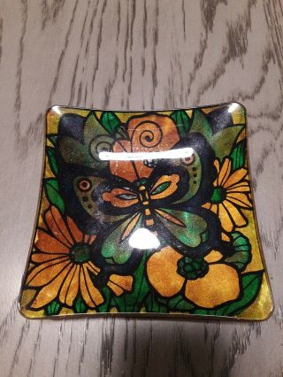 Vintage Ashtray Made In Japan Green W/flower And Butterfly Design