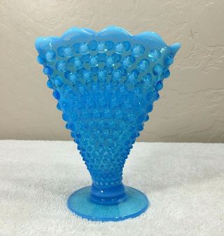 Vintage Fenton Blue Opalescent Hobnail Glass Fan Vase