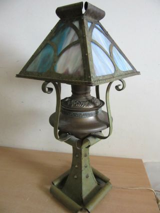Antique Arts & Crafts Mission Copper Slag Stained Glass Oil Table Lamp 27 "