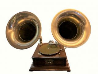 Old Talking Machine Vintage Hmv Phonograph Twin - Horn Antique Gramophone Bg 028