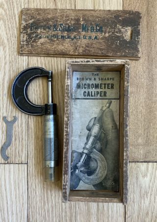 Vintage Brown & Sharpe Precision Micrometer Caliper No 11 Wood Box & Receipt