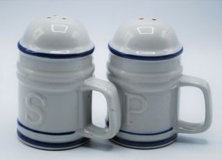 Vintage Salt And Pepper Shakers Ceramic Stoneware White And Blue Large Size