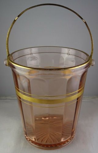 Vintage Pink Depression Glass Ice Bucket Ribbed Design W/metal Handle Gold Trim