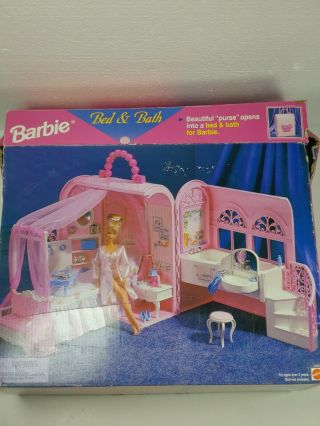 Vintage 1998 Barbie Bed - N - Bath Handbag House Carrier With Accessories & Box