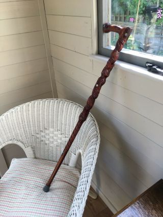 Vintage Carved Tribal Walking Stick With Mother Of Pearl Inlaid Mahogany